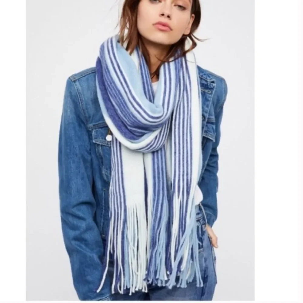 Free People Color Block Blue Stripe Oversized Fringed Edge Scarf Shawl Wrap